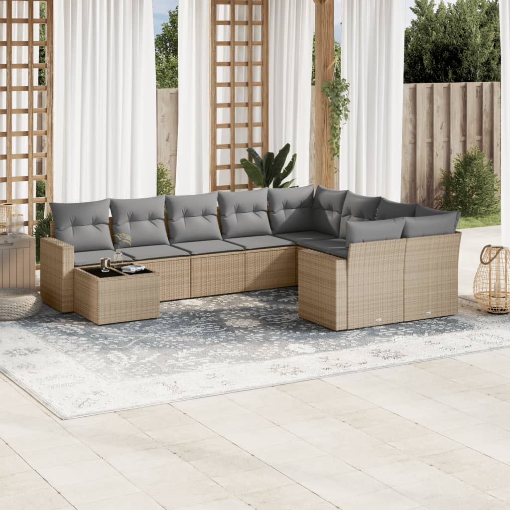 vidaXL 10-tlg. Garten-Sofagarnitur mit Kissen Beige Poly Rattan