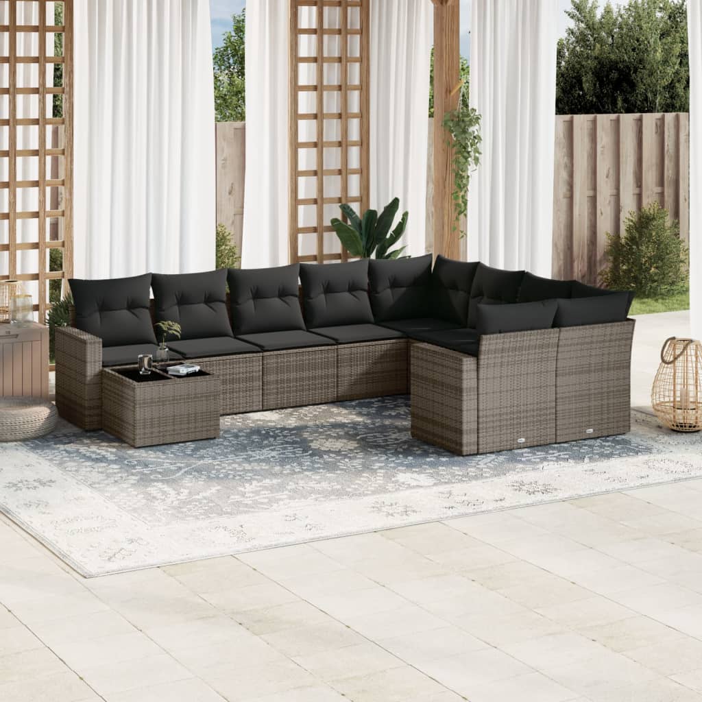 vidaXL 10-tlg. Garten-Sofagarnitur mit Kissen Grau Poly Rattan