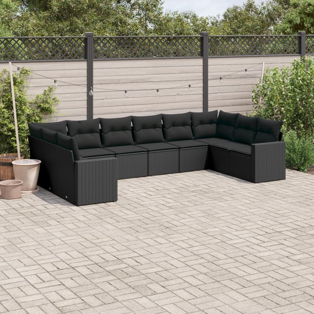 vidaXL 10-tlg. Garten-Sofagarnitur mit Kissen Schwarz Poly Rattan