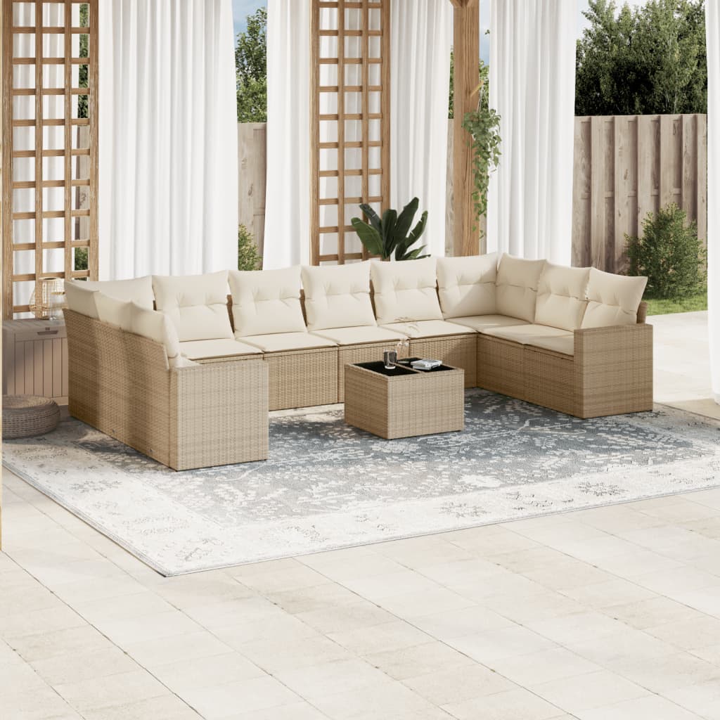 vidaXL 11-tlg. Garten-Sofagarnitur mit Kissen Beige Poly Rattan