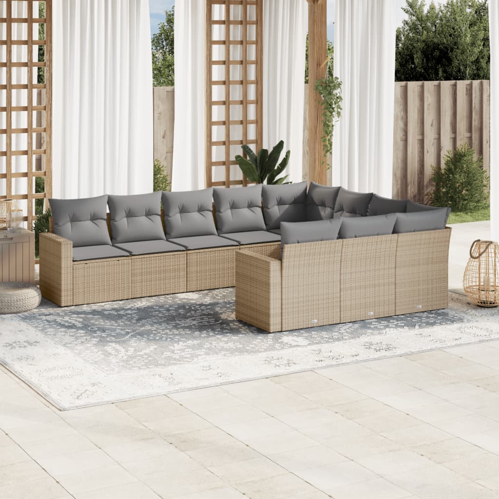 vidaXL 10-tlg. Garten-Sofagarnitur mit Kissen Beige Poly Rattan