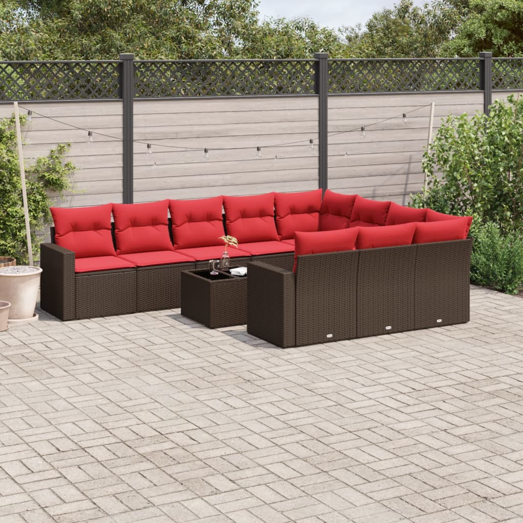 vidaXL 11-tlg. Garten-Sofagarnitur mit Kissen Braun Poly Rattan
