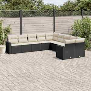 Vrtna sedežna garnitura 10-delna z blazinami črn poli ratan