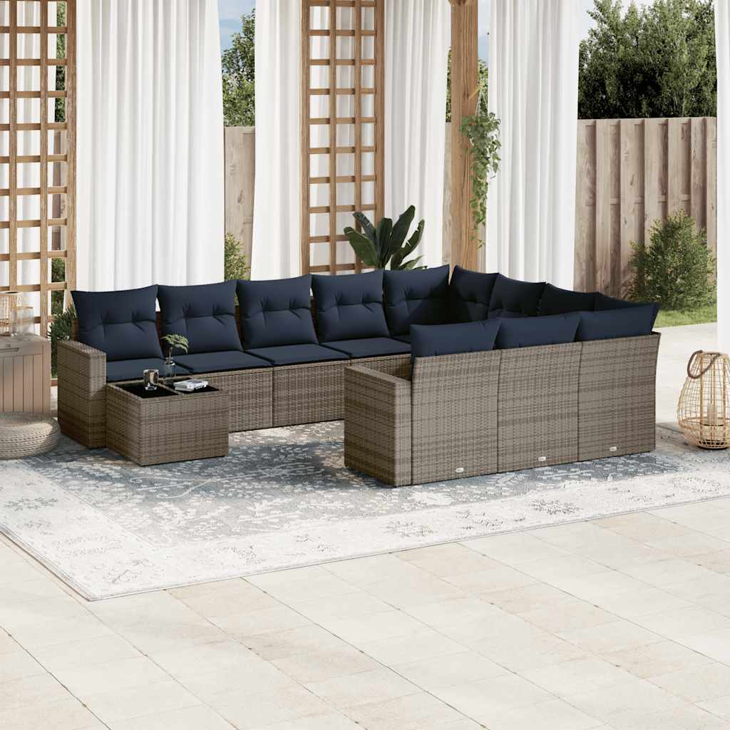 Havesofasæt i polyrattan med hynder - grå/marineblå, 11 dele