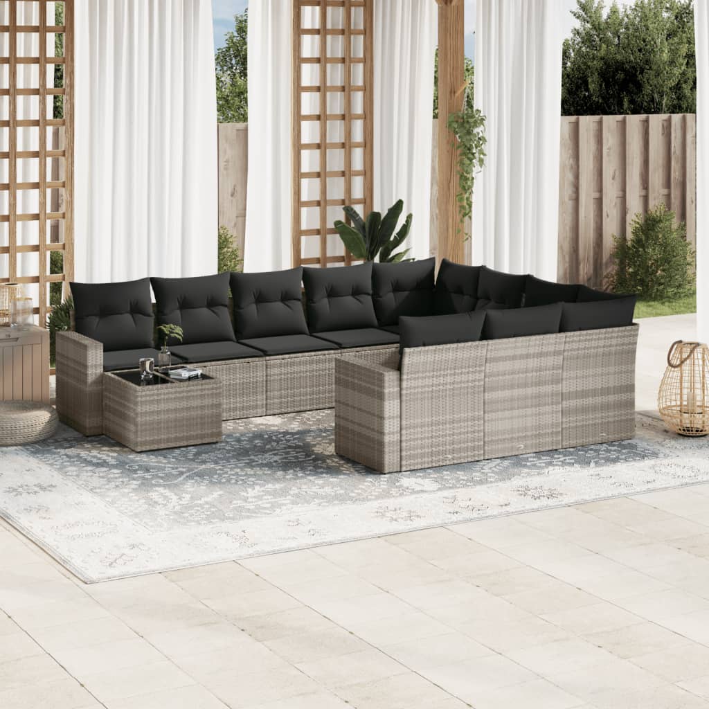 vidaXL 11-tlg. Garten-Sofagarnitur mit Kissen Hellgrau Poly Rattan