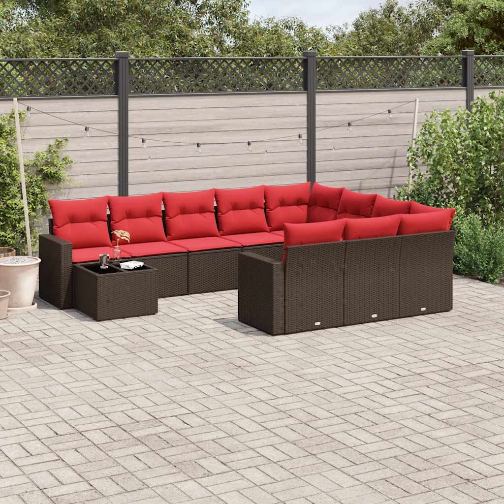 11 Piece Patio Sofa Set with Cushions Brown Poly Rattan