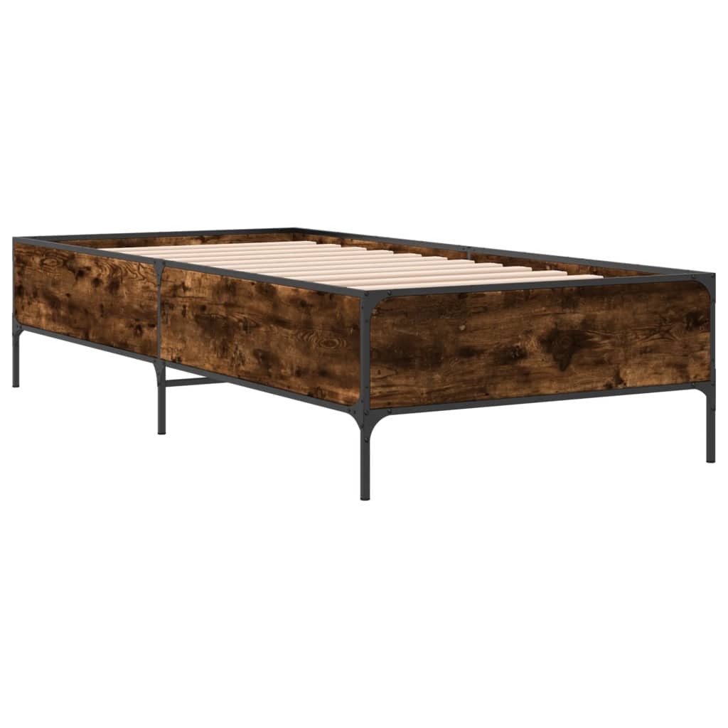 vidaXL Bedframe bewerkt hout en metaal gerookt eikenkleurig 100x200 cm afbeelding