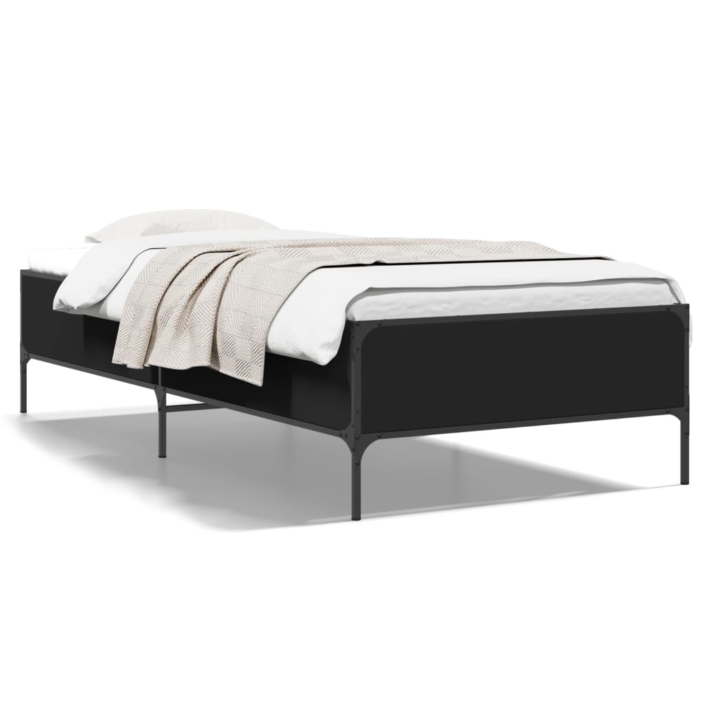 vidaXL Bedframe bewerkt hout en metaal zwart 75x190 cm, foto 3