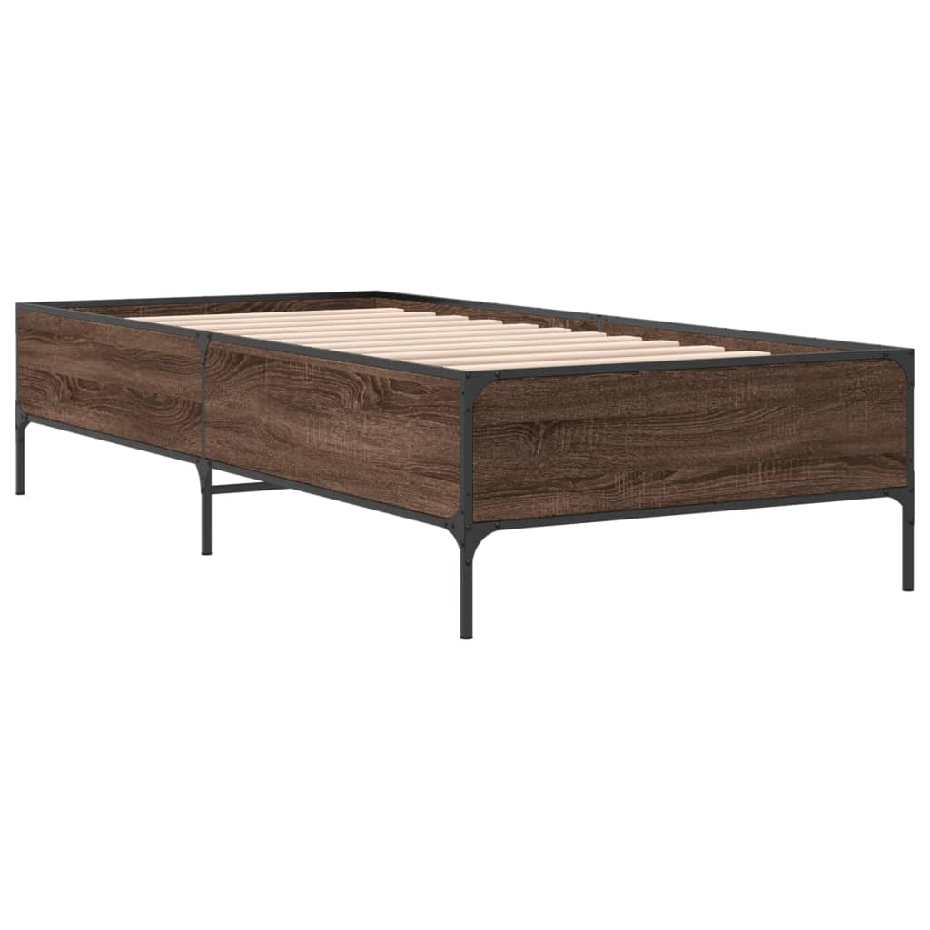 vidaXL Bedframe bewerkt hout en metaal bruin eikenkleurig 75x190 cm afbeelding