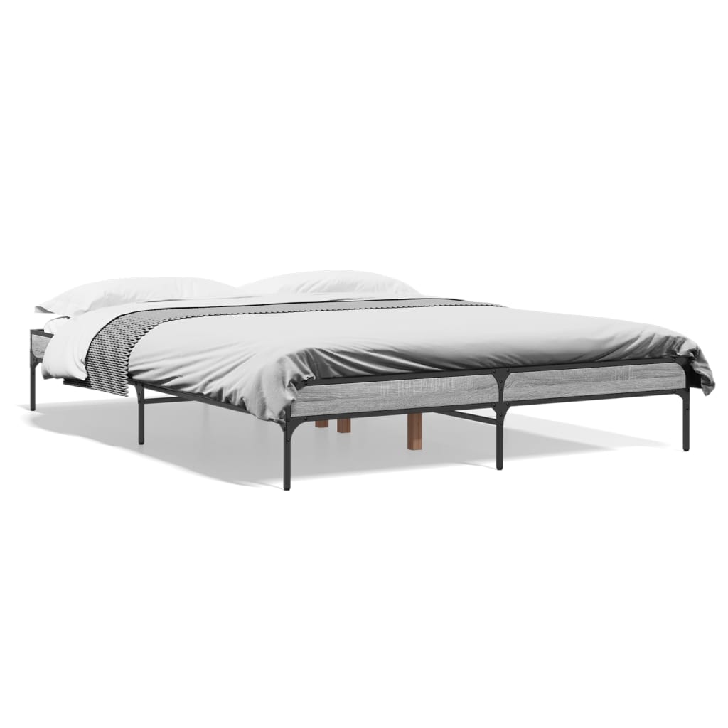 vidaXL Bedframe bewerkt hout metaal grijs sonoma eiken 150x200 cm, foto 3