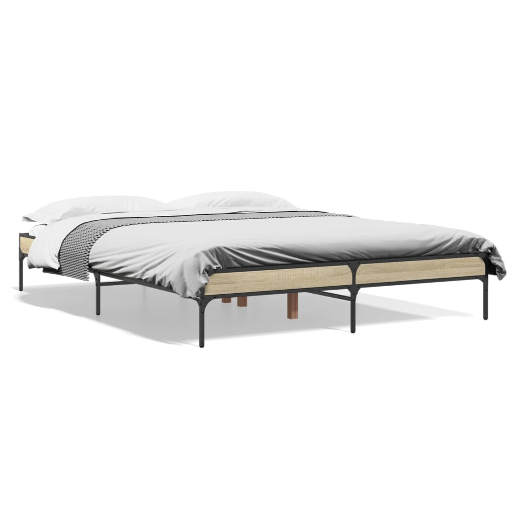 vidaXL Bedframe bewerkt hout metaal sonoma eikenkleurig 140x200 cm, foto 3