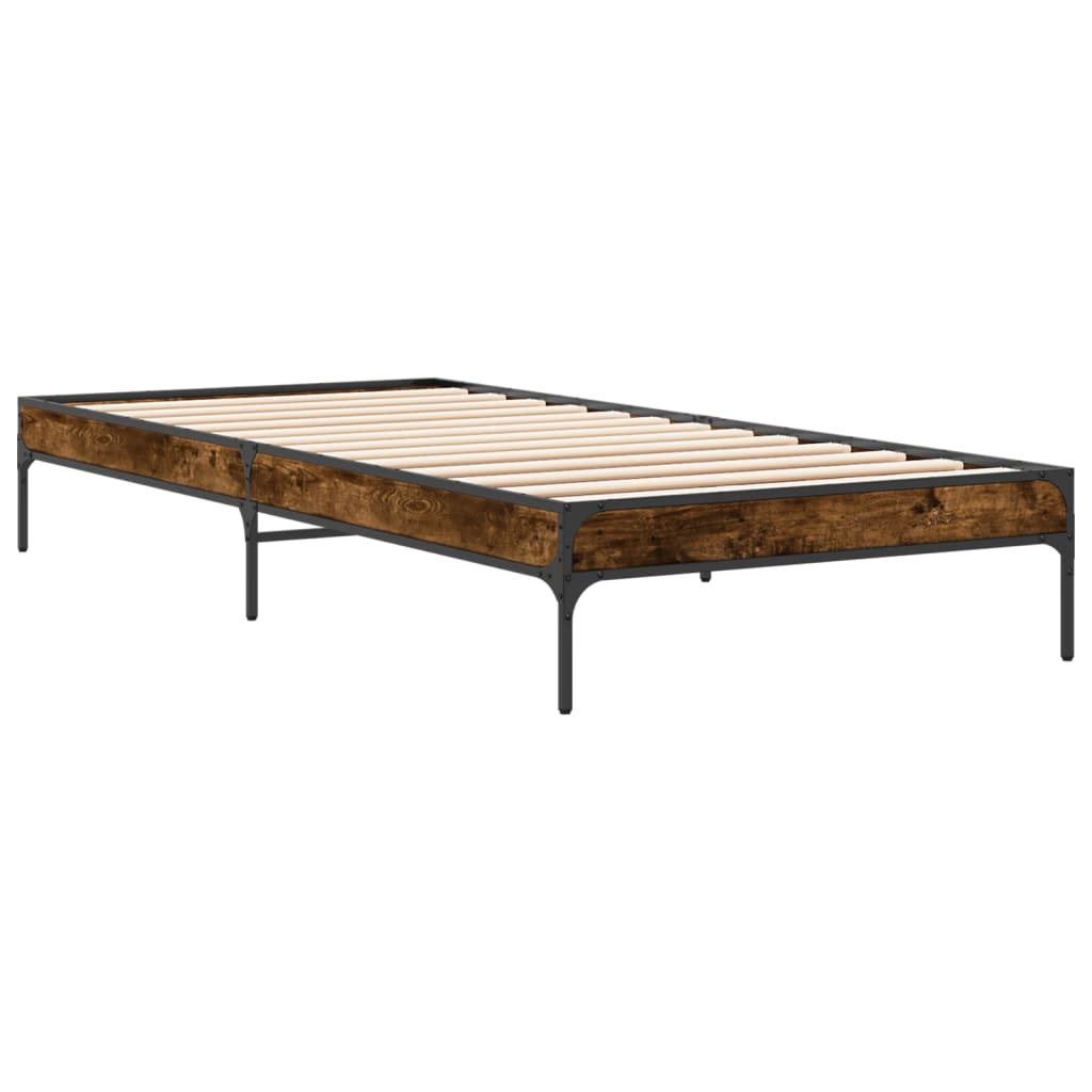 vidaXL Bedframe bewerkt hout en metaal gerookt eikenkleurig 100x200 cm afbeelding