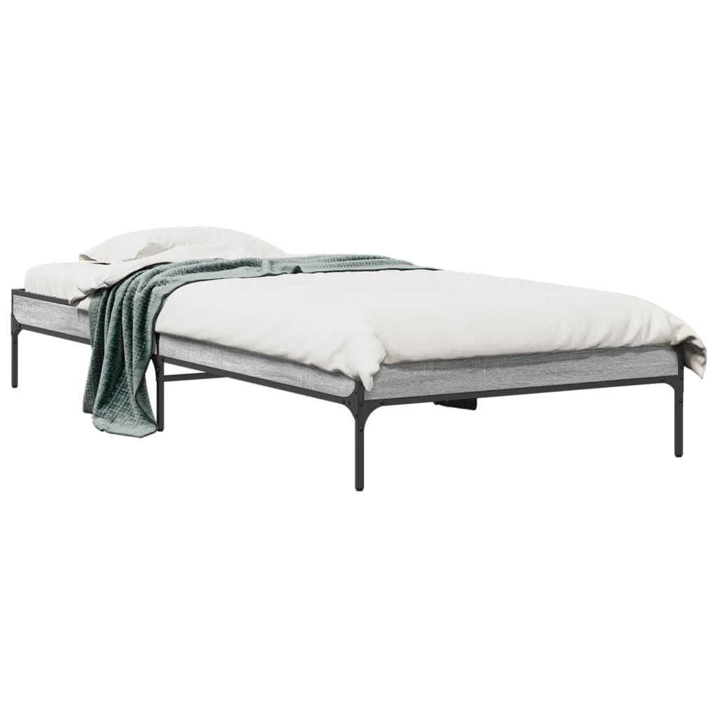 vidaXL Bedframe bewerkt hout en metaal grijs sonoma eiken 100x200 cm, foto 3