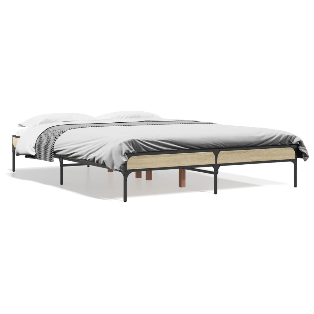 vidaXL Bedframe bewerkt hout metaal sonoma eikenkleurig 90x190 cm, foto 3