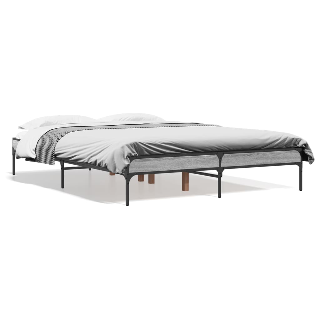 vidaXL Bedframe bewerkt hout metaal grijs sonoma eiken 135x190 cm, foto 3