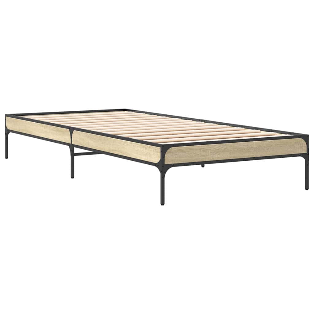 vidaXL Bedframe bewerkt hout en metaal sonoma eikenkleurig 75x190 cm afbeelding