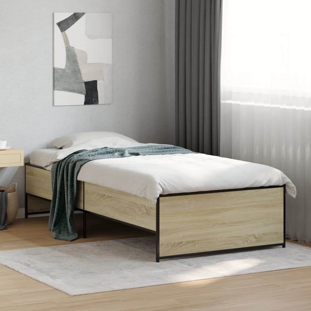 vidaXL Bedframe bewerkt hout en metaal sonoma eikenkleurig 100x200 cm, foto 2