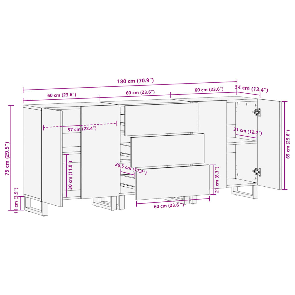 Dressoirs 3 st 60x34x75 cm massief ruw mangohout image 13