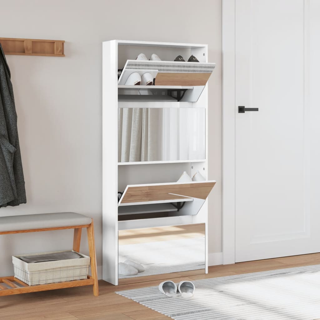 vidaXL Schoenenkast met spiegel 4-laags 63x17x134 cm hoogglans wit afbeelding