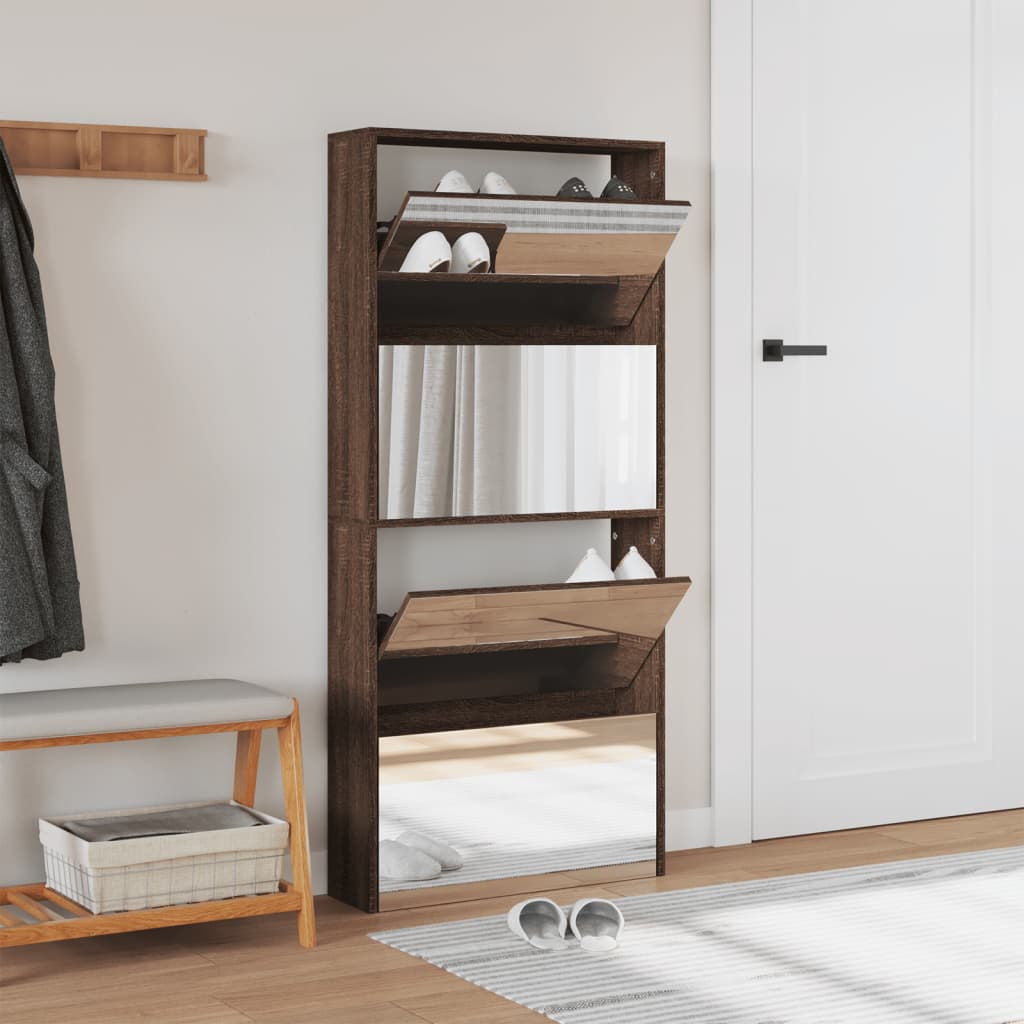 vidaXL Botník so zrkadlom 4-poschodový hnedý dub 63x17x134 cm