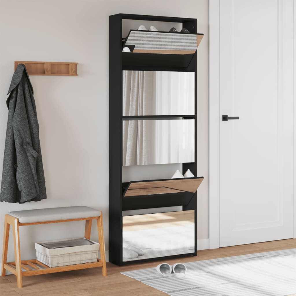 vidaXL Pantofar cu oglindă, 5 niveluri, negru, 63x17x169,5 cm