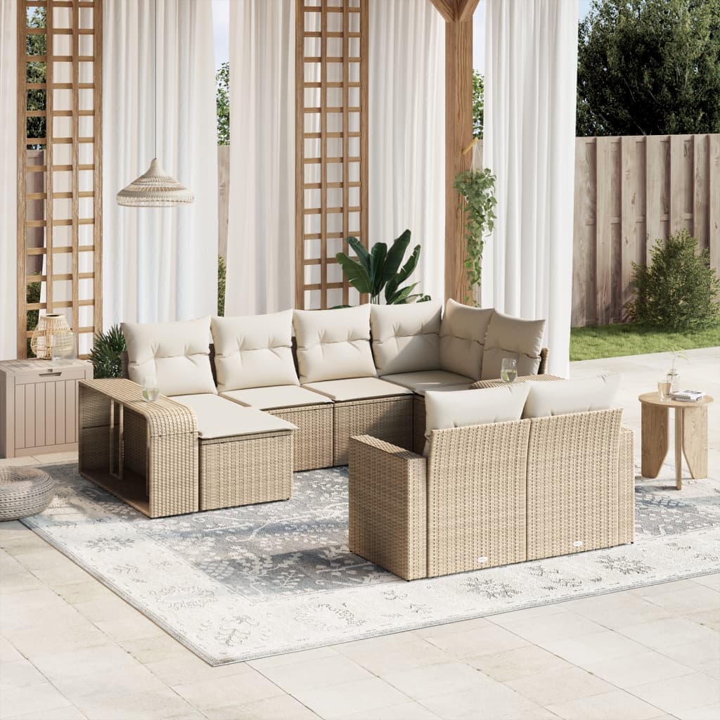 vidaXL 10-tlg. Garten-Sofagarnitur mit Kissen Beige Poly Rattan