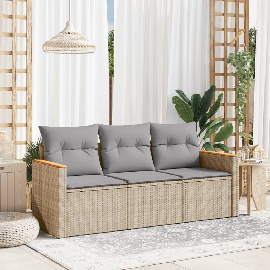 vidaXL 3-tlg. Garten-Sofagarnitur mit Kissen Beigemischung Poly Rattan