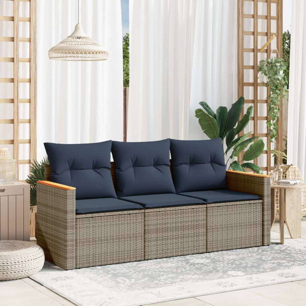 vidaXL 3-teiliges Gartensofa-Set mit Kissen, grau, Polyrattan