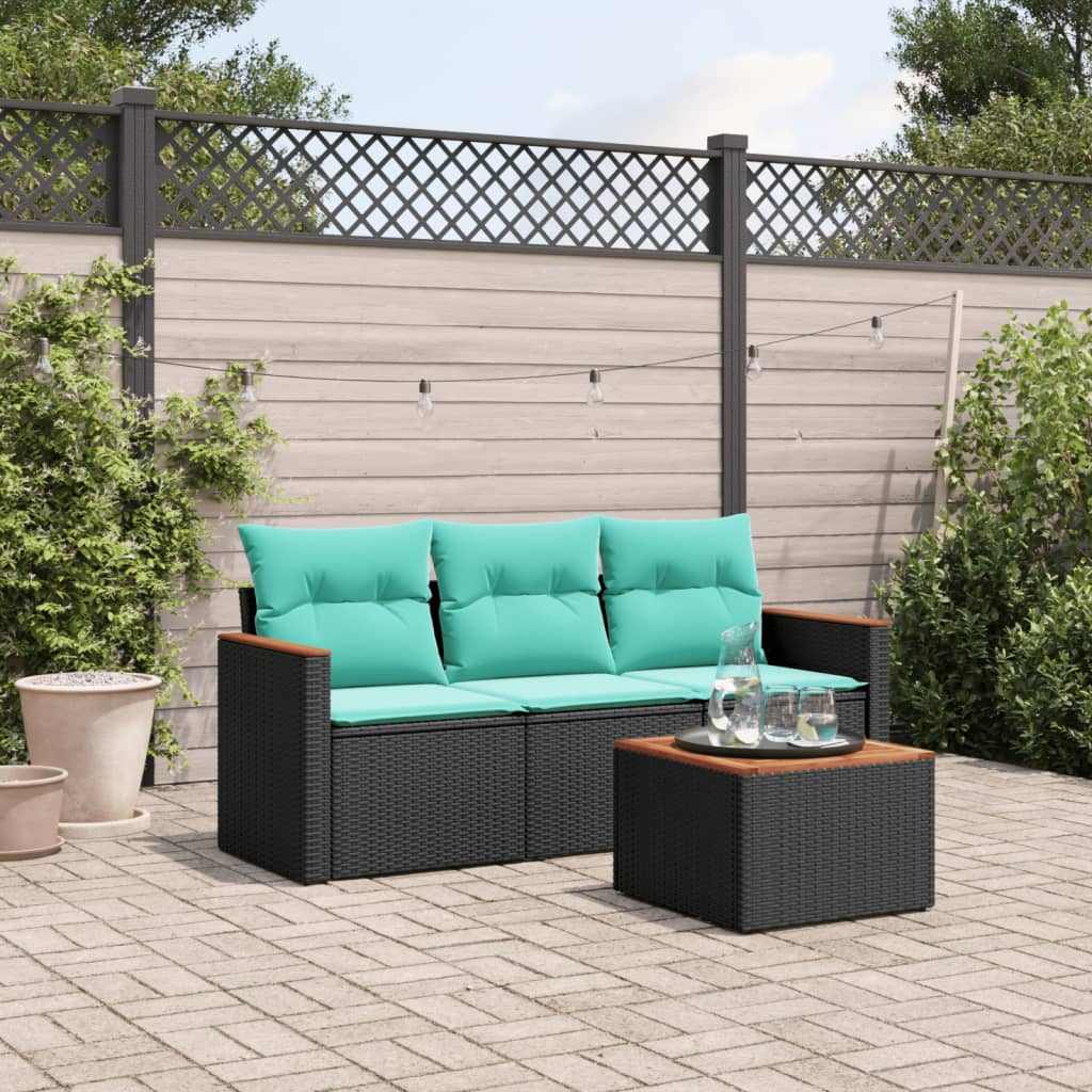 vidaXL 4-teiliges Gartensofa-Set mit Kissen, schwarzes Polyrattan