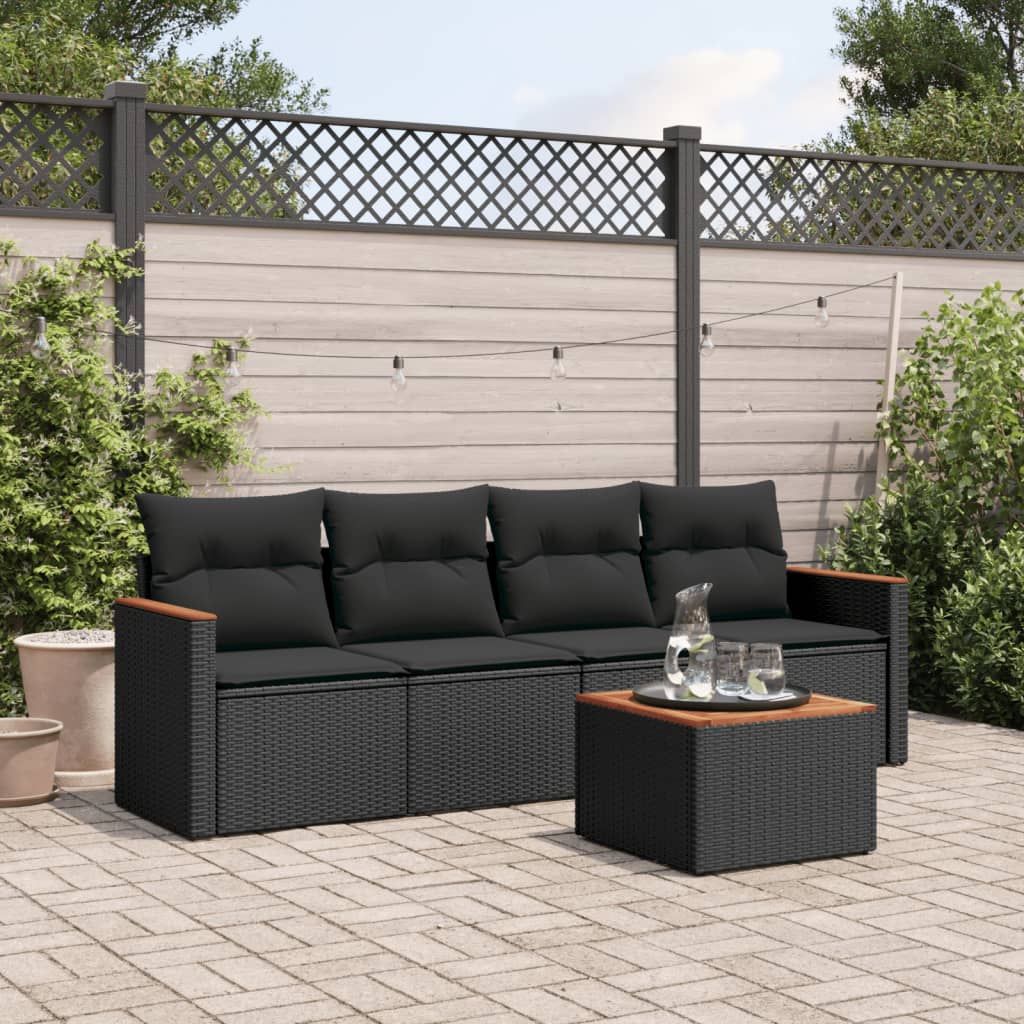 5-tlg. Garten-Sofagarnitur mit Kissen Schwarz Poly Rattan