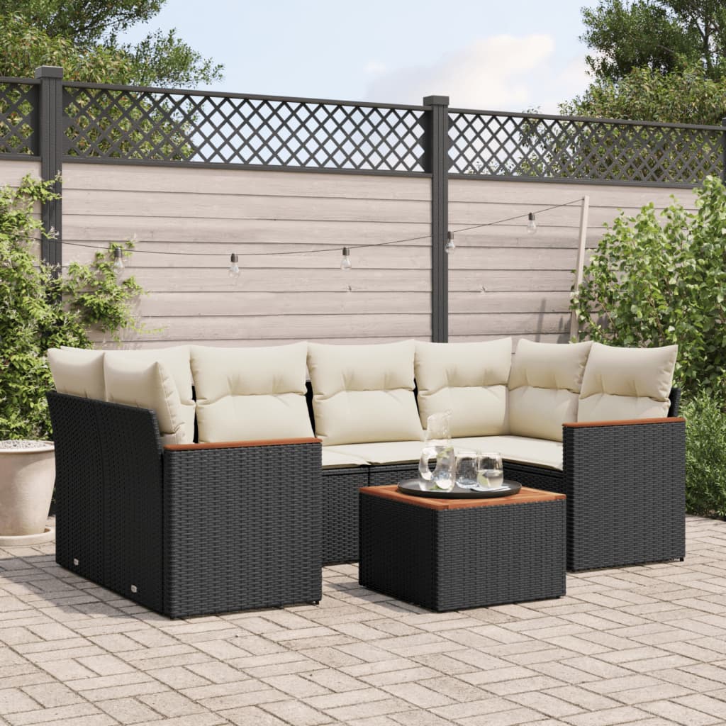 vidaXL 7-tlg. Garten-Sofagarnitur mit Kissen Schwarz Poly Rattan