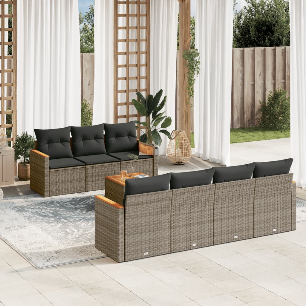 8-tlg. Garten-Sofagarnitur mit Kissen Grau Poly Rattan