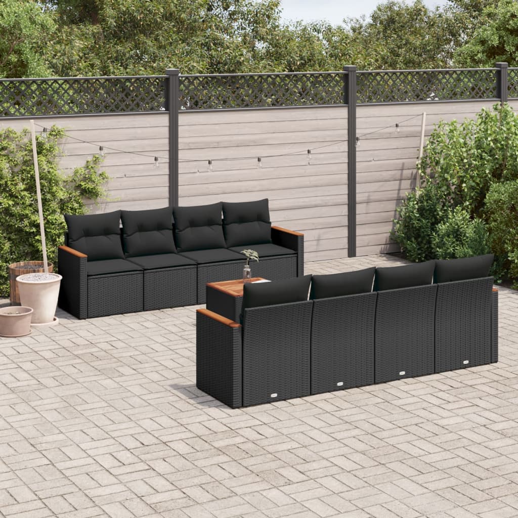 9-tlg. Garten-Sofagarnitur mit Kissen Schwarz Poly Rattan