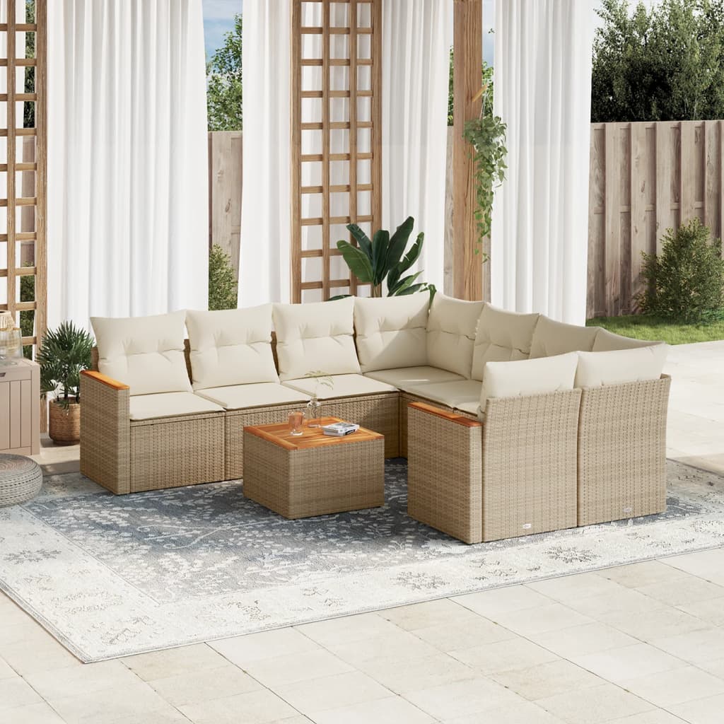 9-tlg. Garten-Sofagarnitur mit Kissen Beige Poly Rattan