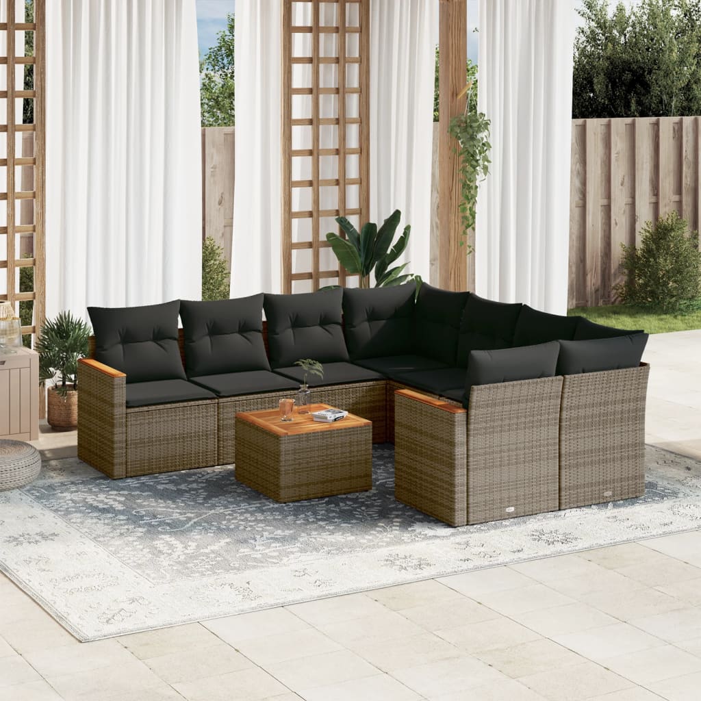 vidaXL 9-tlg. Garten-Sofagarnitur mit Kissen Grau Poly Rattan