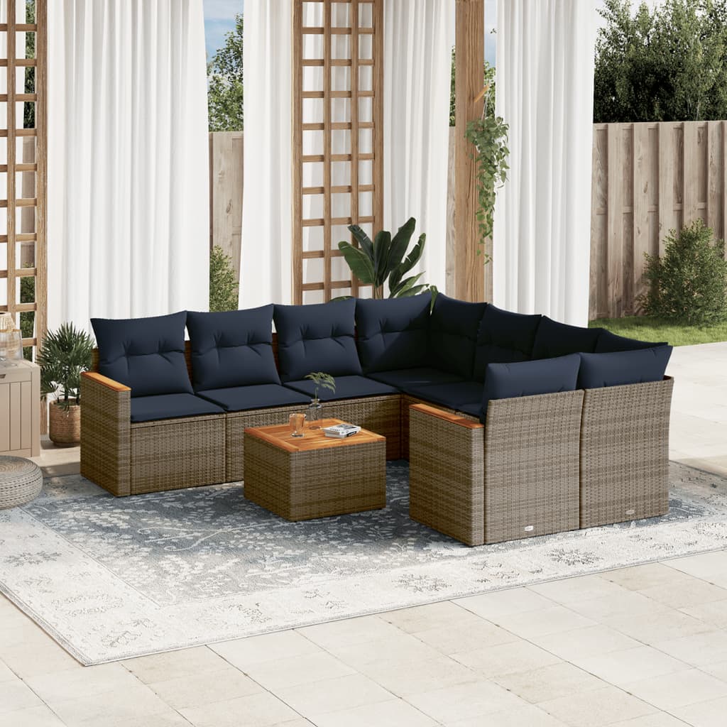 vidaXL 9-teiliges Gartensofa-Set mit Kissen, grau, Polyrattan