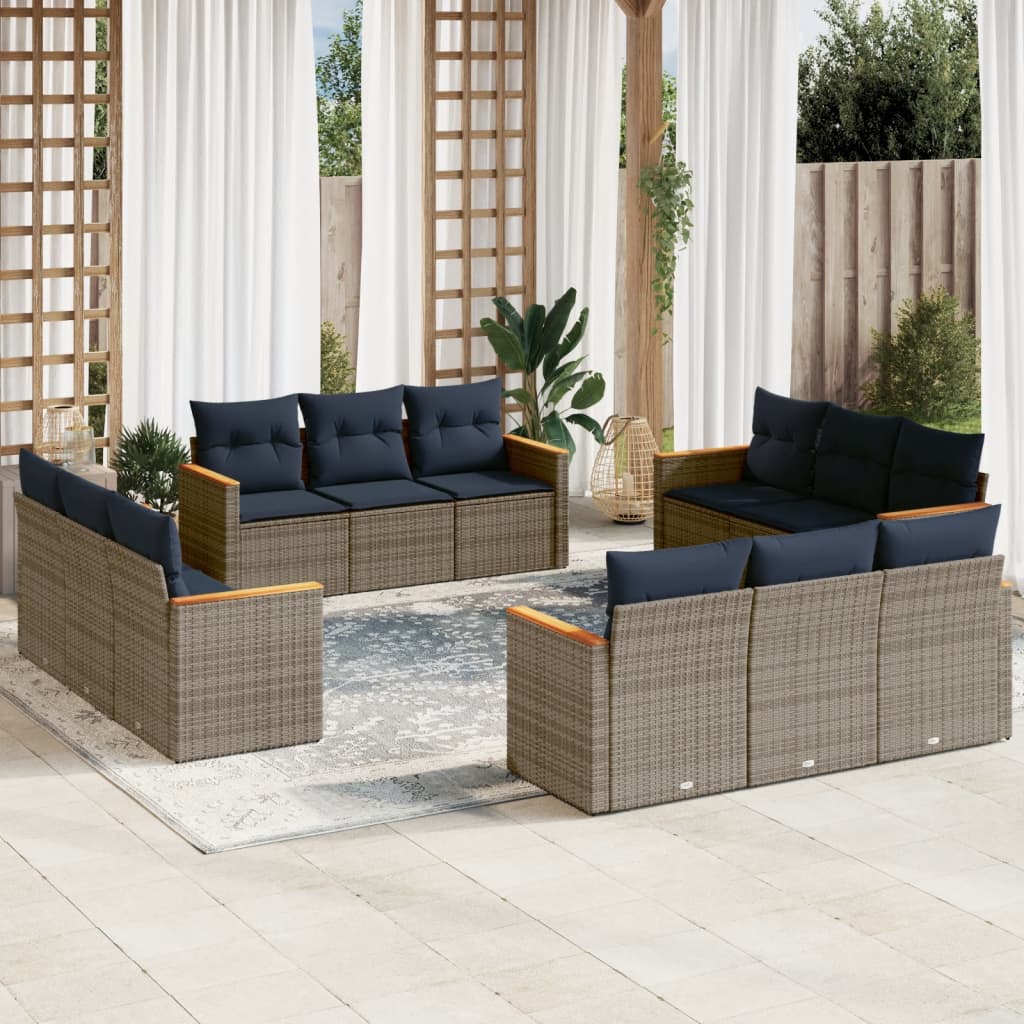 vidaXL 12-teiliges Gartensofa-Set mit Kissen, grau, Polyrattan