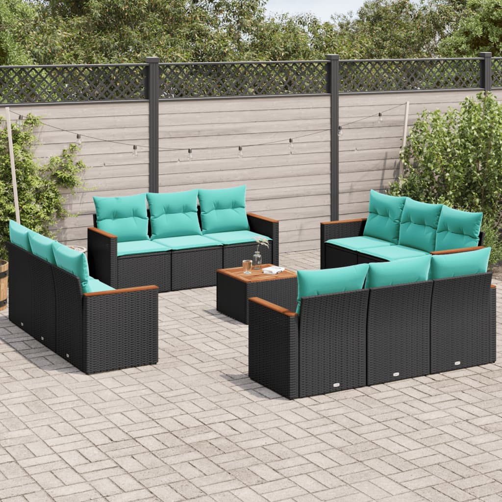 vidaXL 13-teiliges Gartensofa-Set mit Kissen, schwarzes Polyrattan