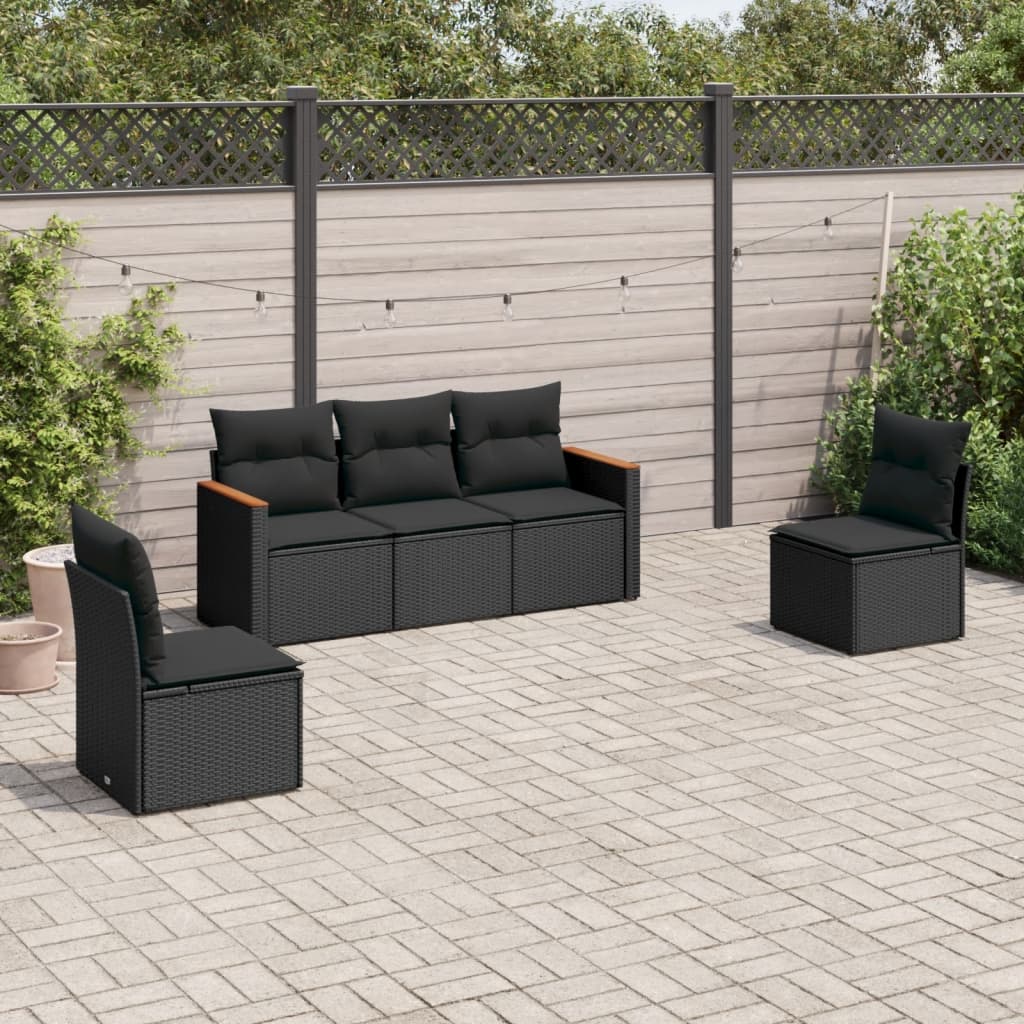 vidaXL 5-tlg. Garten-Sofagarnitur mit Kissen Schwarz Poly Rattan