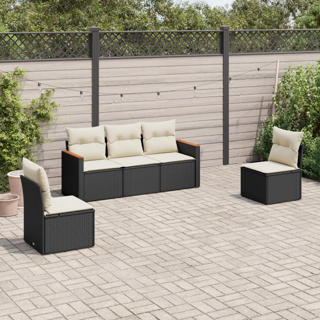 5-tlg. Garten-Sofagarnitur mit Kissen Schwarz Poly Rattan