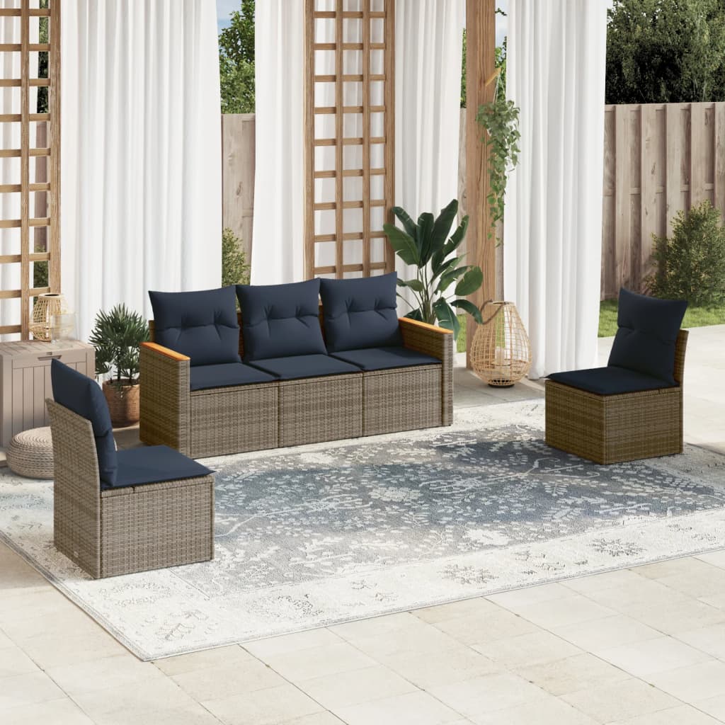 vidaXL 5-teiliges Gartensofa-Set mit Kissen, grau, Polyrattan