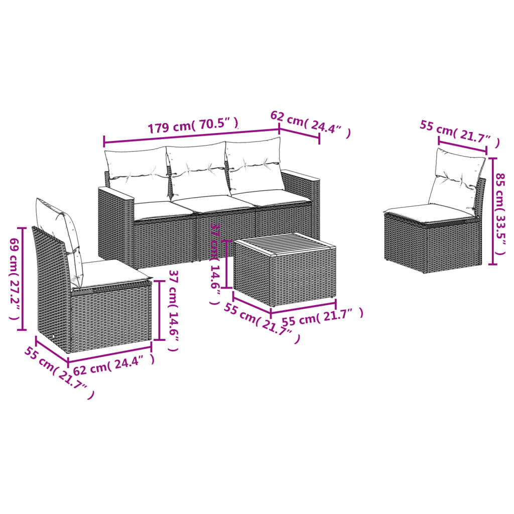 vidaXL 6-teiliges Gartensofa-Set mit Kissen, grau, Polyrattan – Bild 7