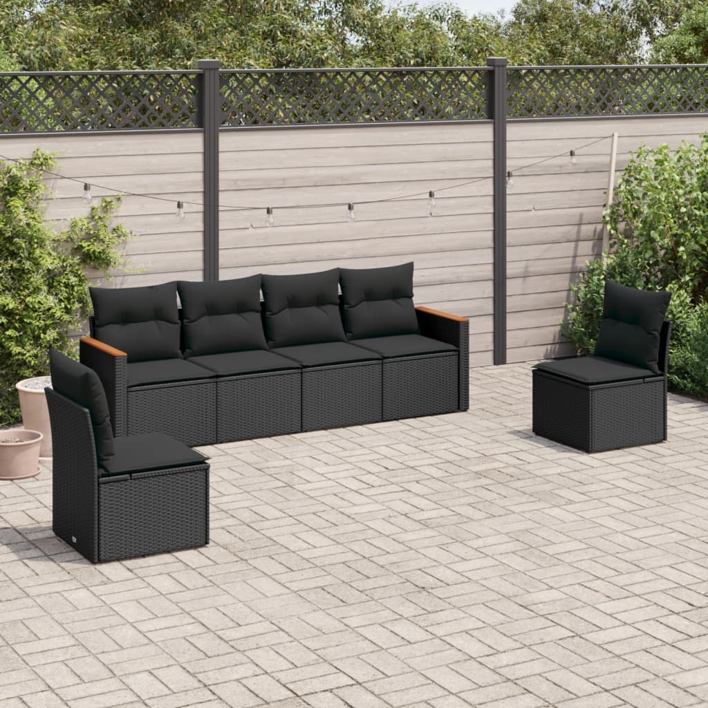 vidaXL 6-tlg. Garten-Sofagarnitur mit Kissen Schwarz Poly Rattan