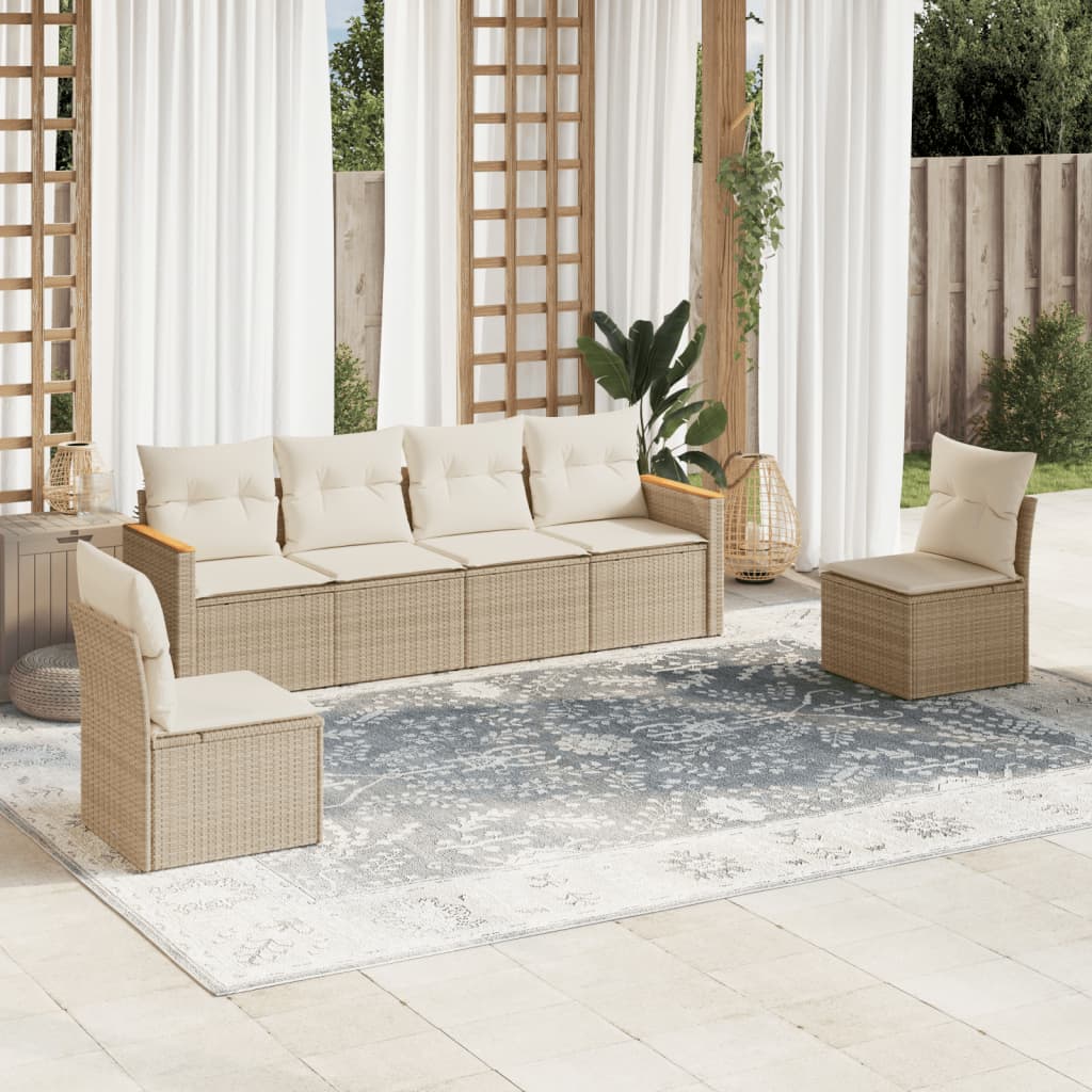 vidaXL 6-tlg. Garten-Sofagarnitur mit Kissen Beige Poly Rattan