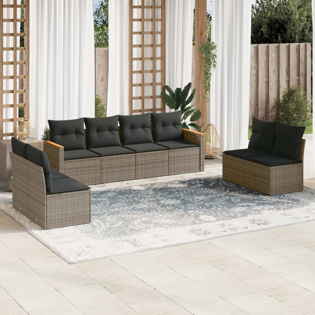 8-tlg. Garten-Sofagarnitur mit Kissen Grau Poly Rattan