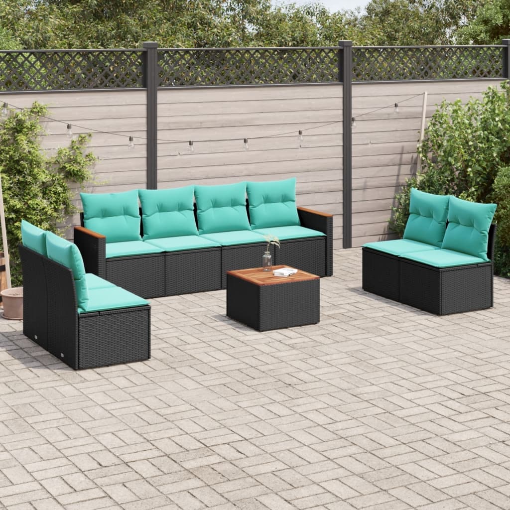vidaXL 9-teiliges Gartensofa-Set mit Kissen, schwarzes Polyrattan