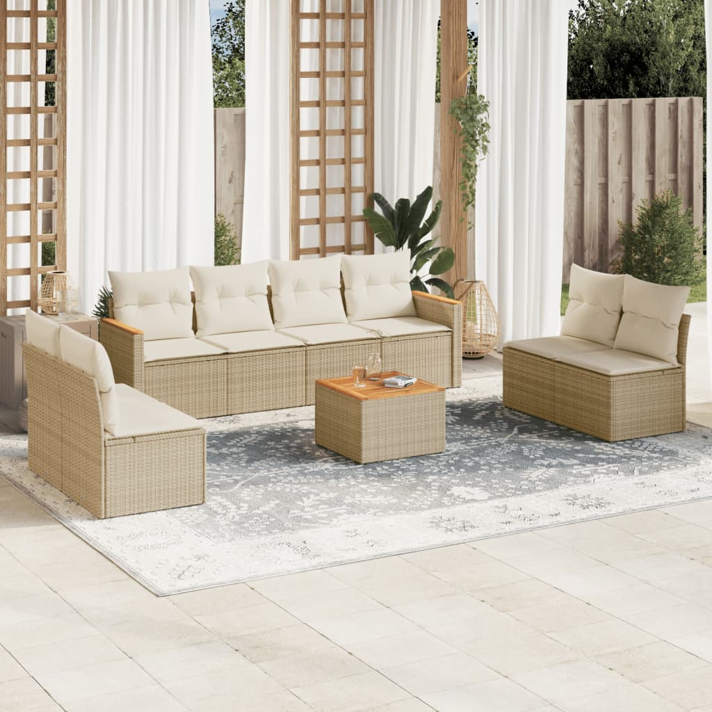 vidaXL 9-tlg. Garten-Sofagarnitur mit Kissen Beige Poly Rattan