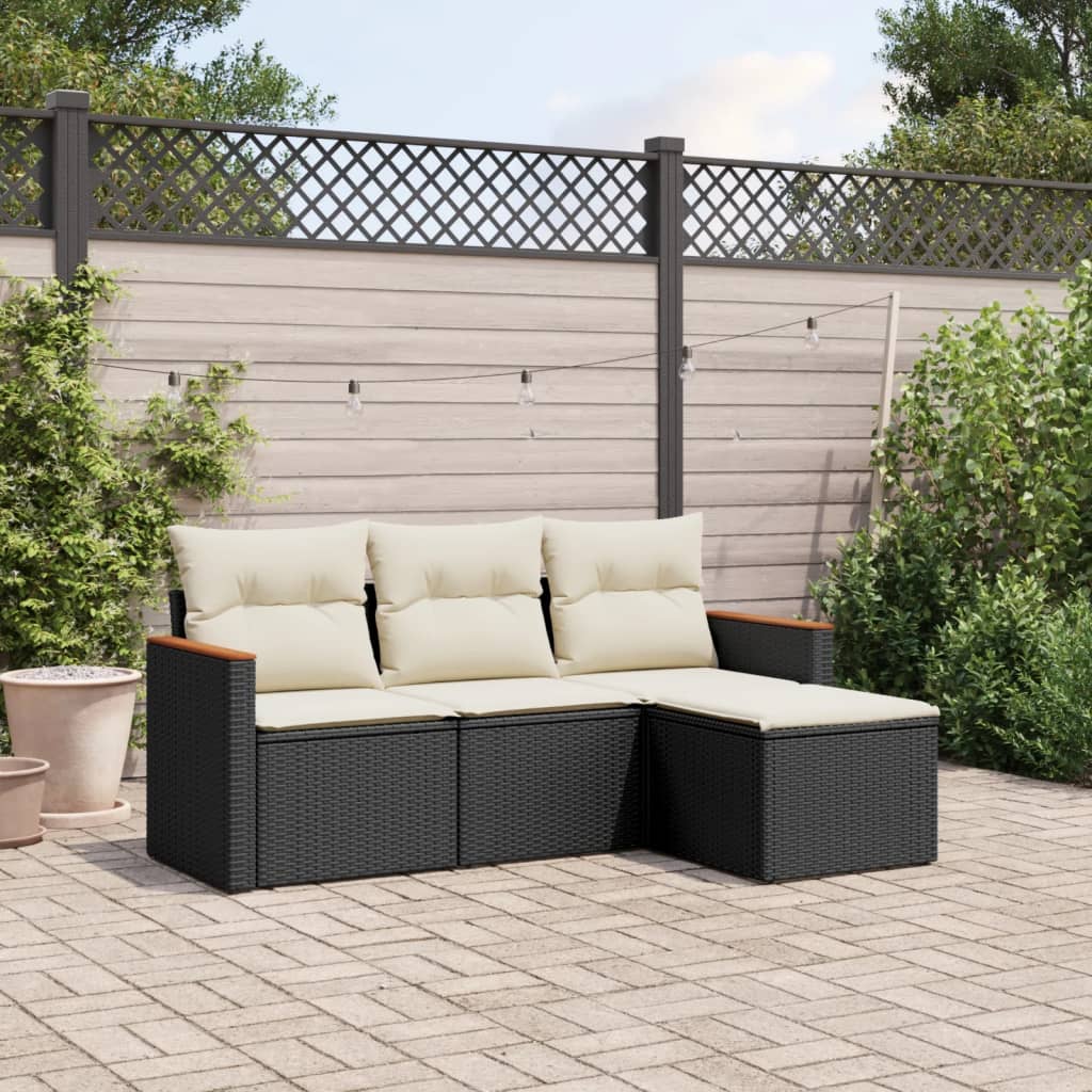 vidaXL 4-tlg. Garten-Sofagarnitur mit Kissen Schwarz Poly Rattan