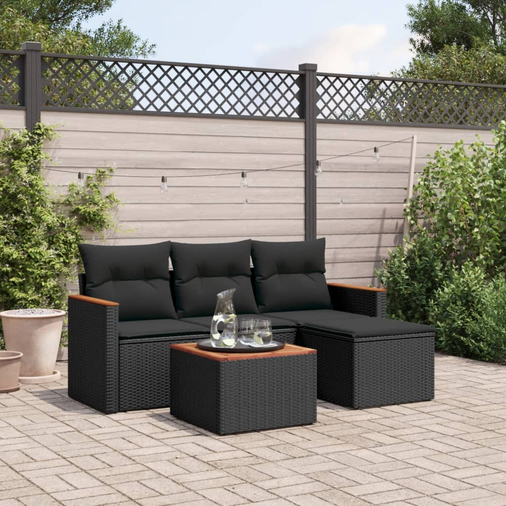 5-tlg. Garten-Sofagarnitur mit Kissen Schwarz Poly Rattan