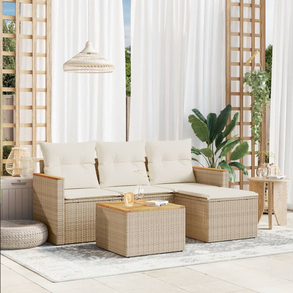 vidaXL 5-tlg. Garten-Sofagarnitur mit Kissen Beige Poly Rattan